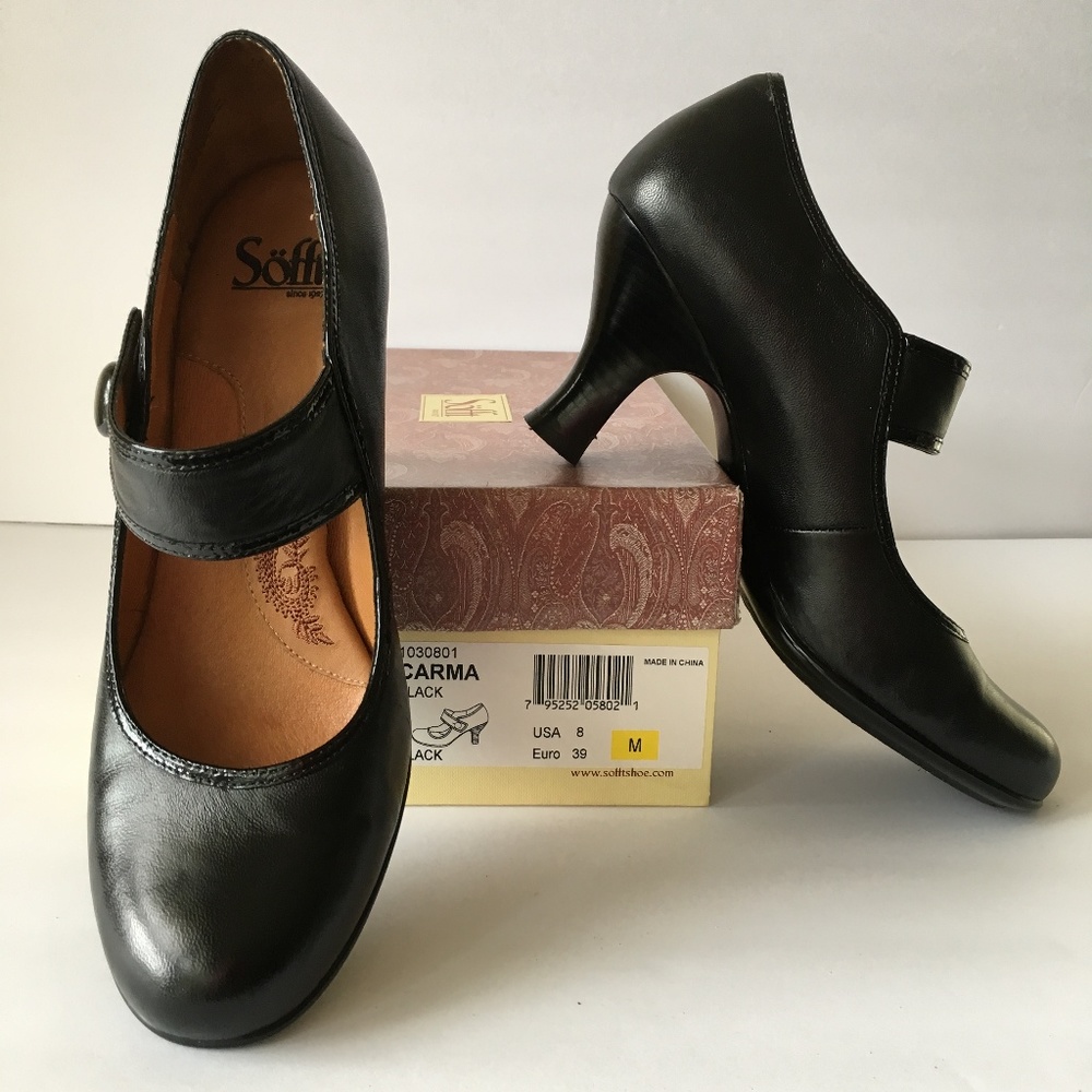 Sofft Carma Black Leather Mary Jane Cuban Heel - 8